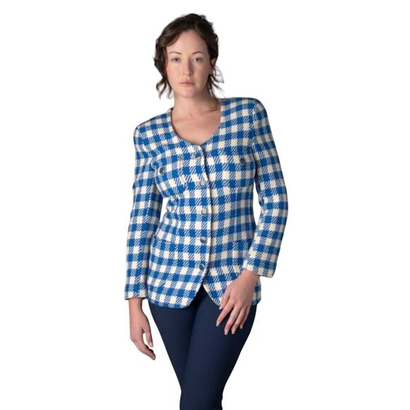 Vintage Clifford & Wills Blue Check Blazer Wool Blend Gold Buttons Size 4 Retro - Picture 1 of 11